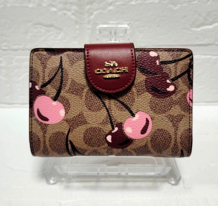 COACH Bi-fold Wallet Cherry Print in Signature Brown Outlet New Japan