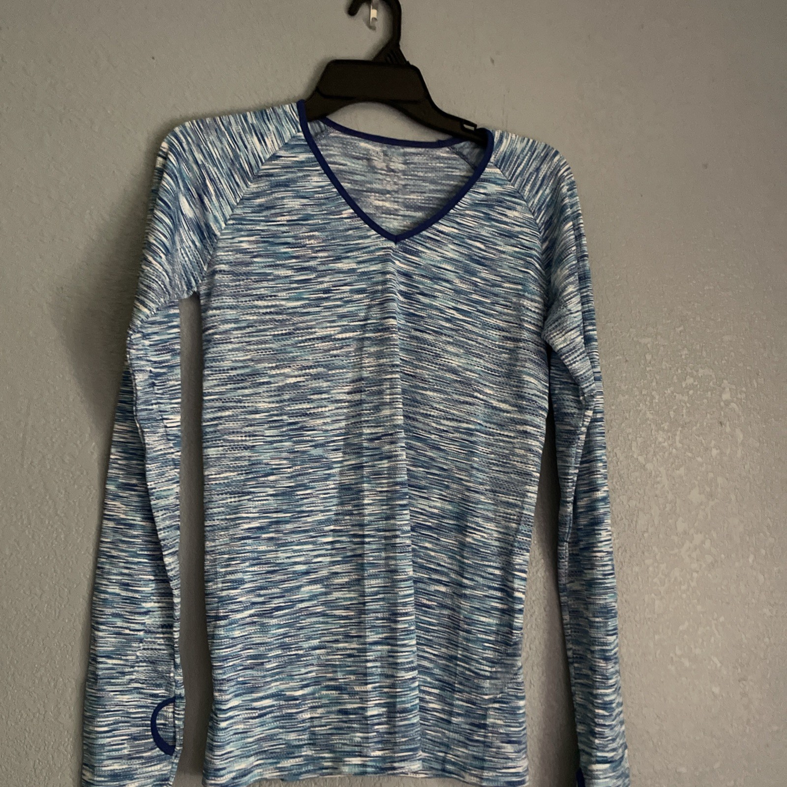 Young USA Top Size S Blue Long Sleeve w/Thumbholes. V-Neck. Poly Blend.