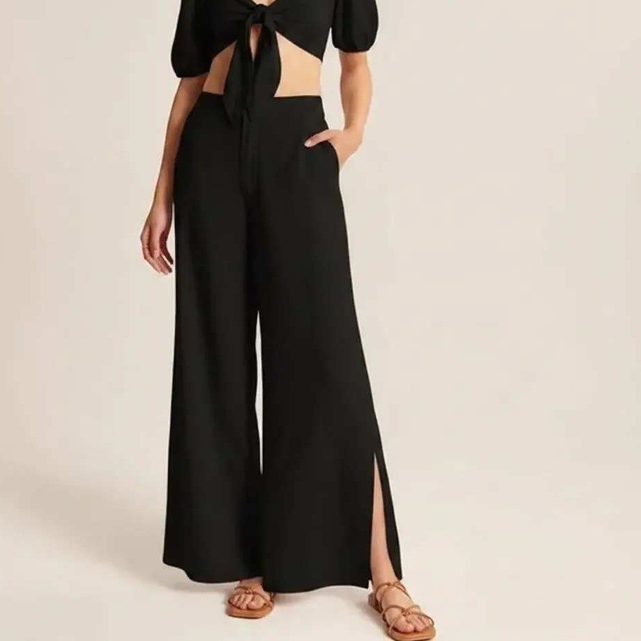 Abercrombie & Fitch Black Linen Blend Wide Leg Side Slit Pants Womens Small