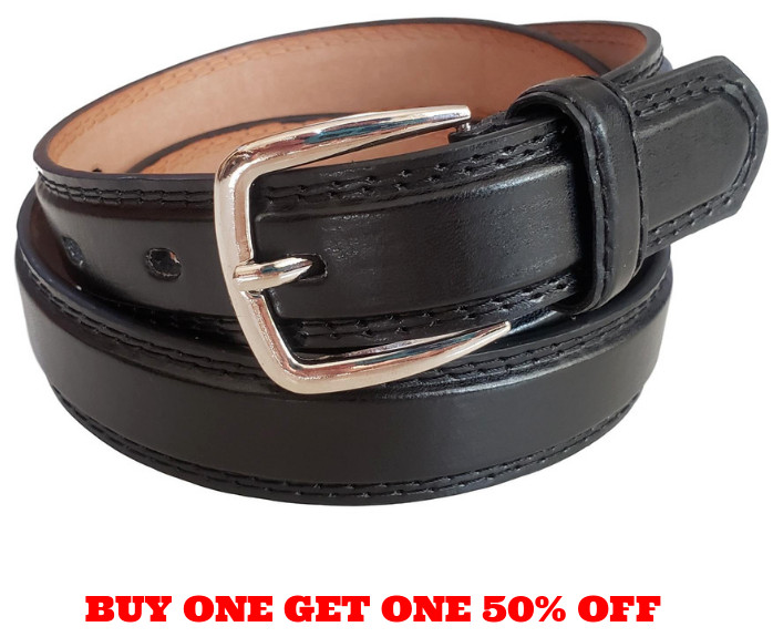 Men’s Leather Casual Dress Plain Black Belt Silver Buckle Sizes S / M / L / XL