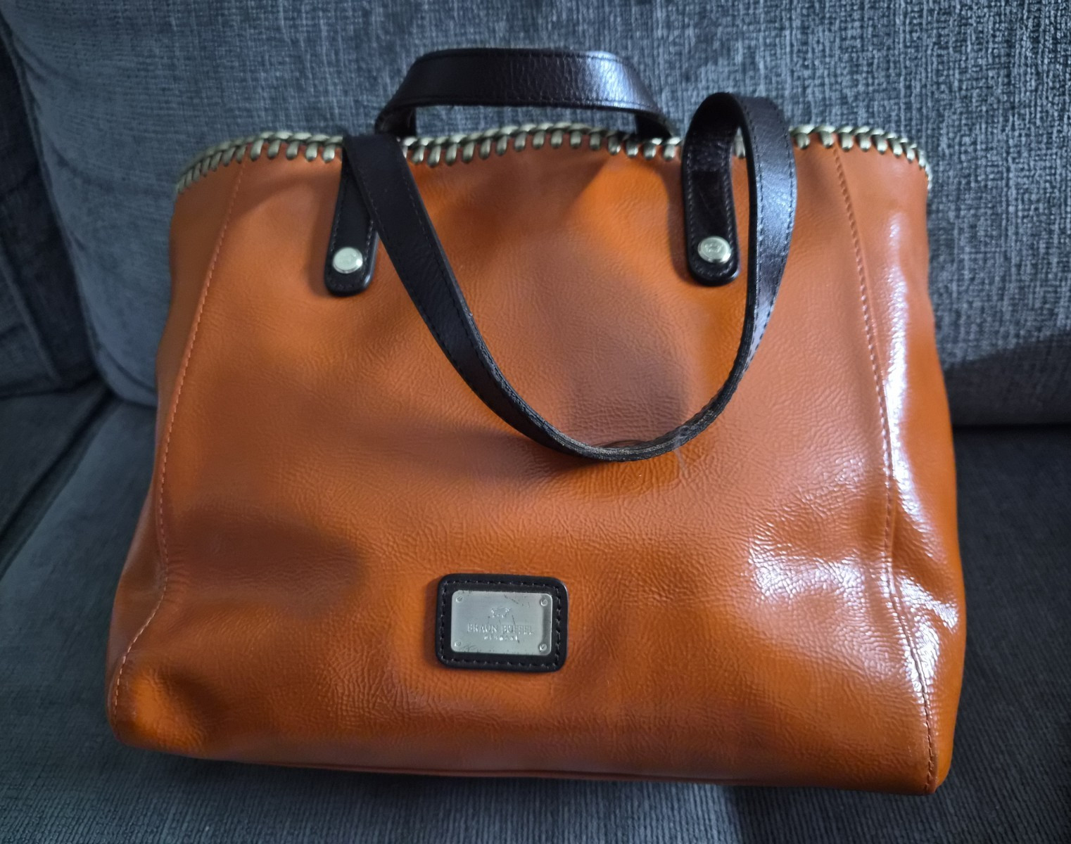 Braun Buffel Brown Pebbled Tote Double Handles Zip Top Gold Hardware Lined