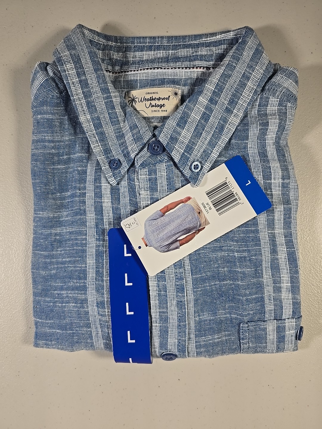 Weatherproof Vintage Men’s Linen Cotton Blend Woven Shirt, Blue, Large