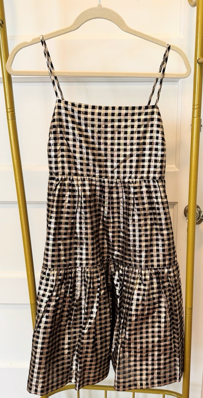 J. Crew Black/Gold Metallic Gingham Tiered Dress, Size 4.