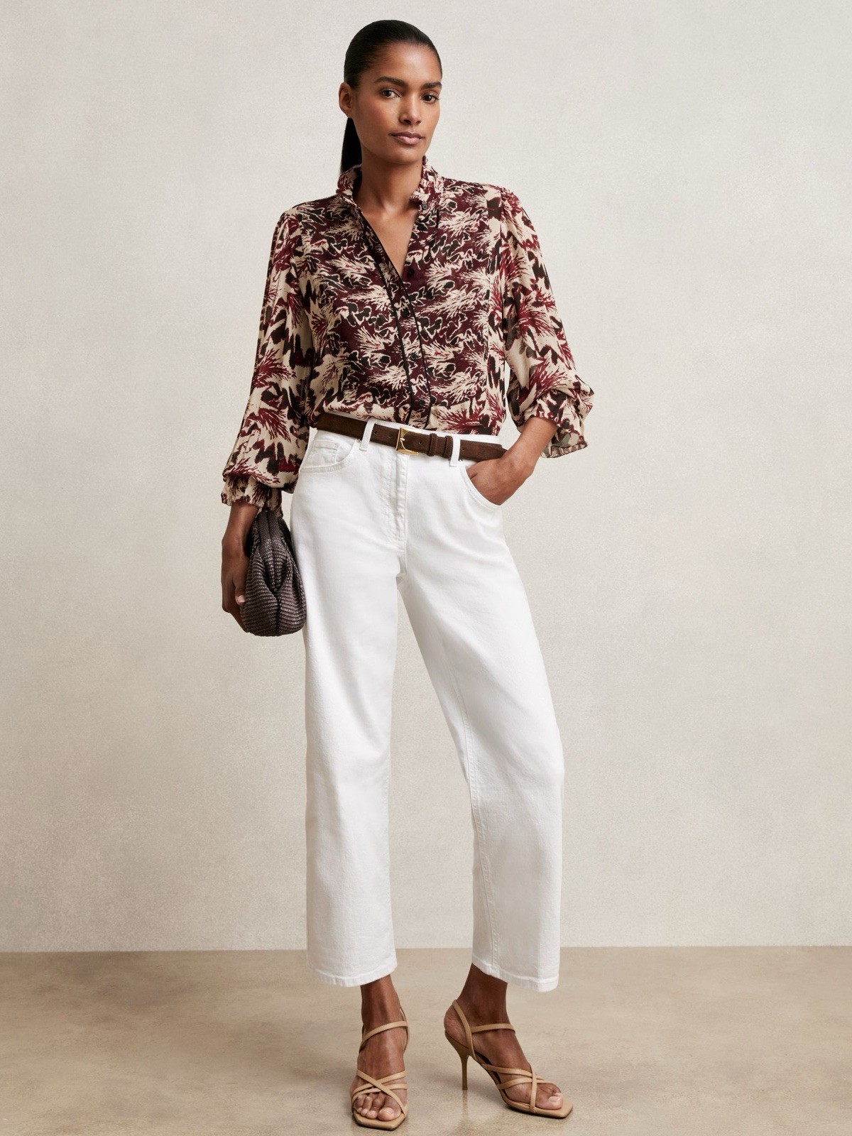 Reiss Shirt Size UK 16 Abstract Print Ruffle Neck Burgundy Long Sleeve Blouse