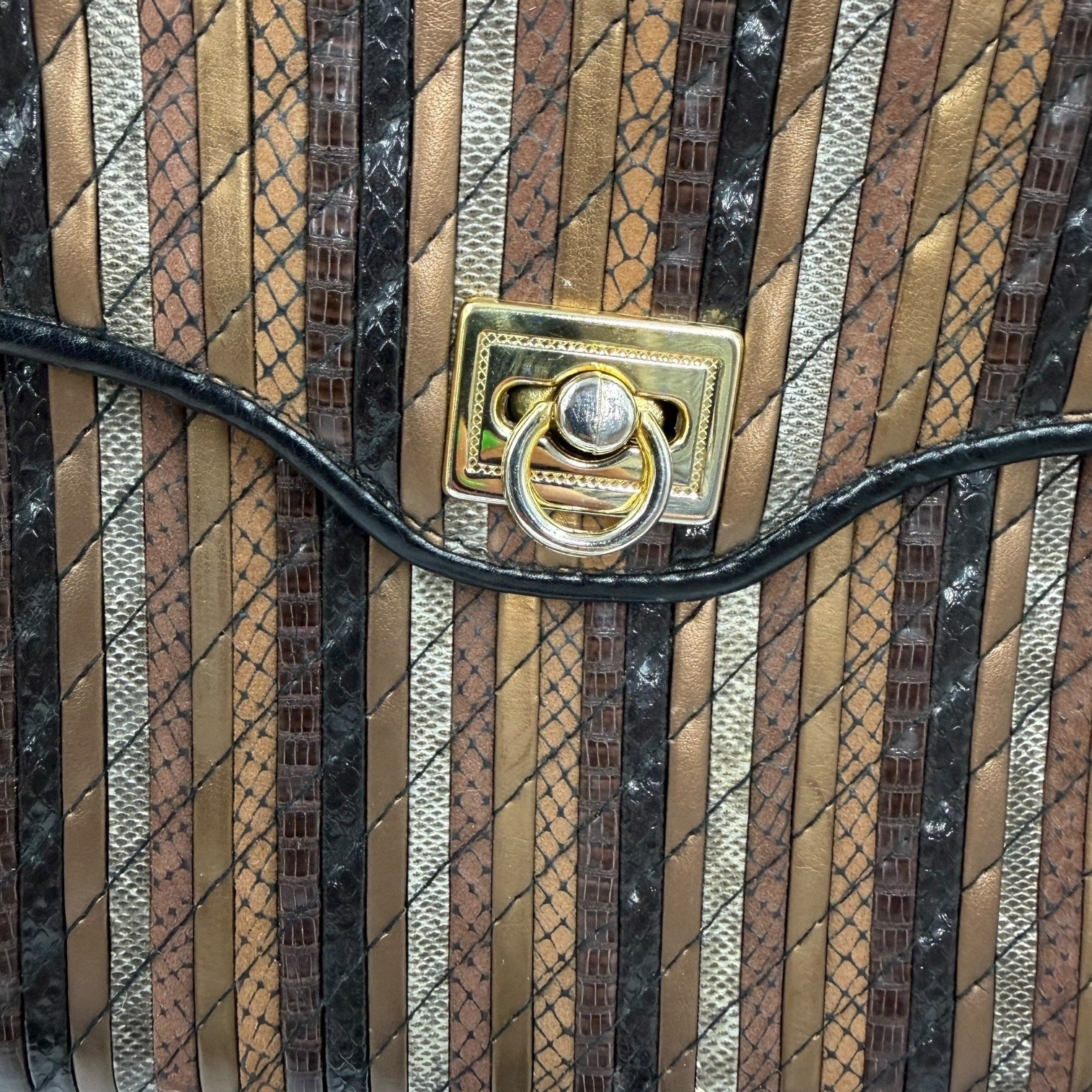 Vtg 80s Multi Patchwork Exotic Skin Satchel Bag Top Handle Gold Clasp Purse