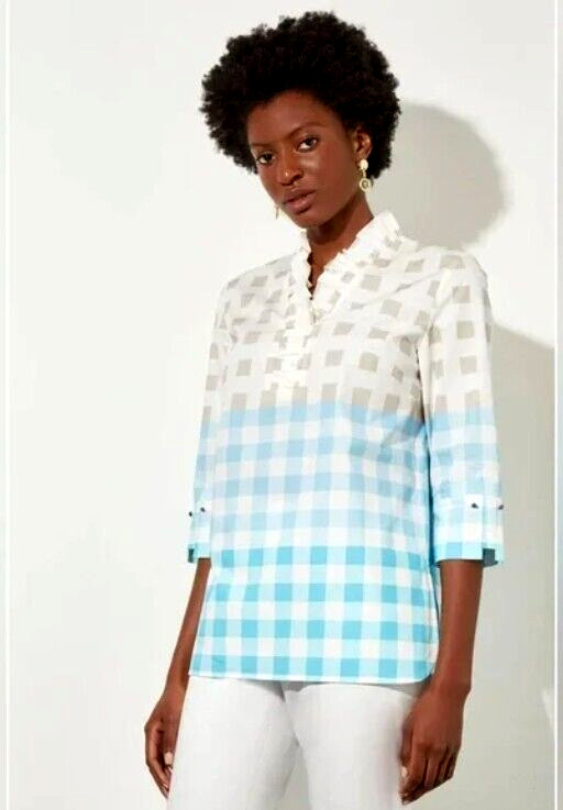 $195 Ming Wang Blue Ruffle Collar Shirt Size M