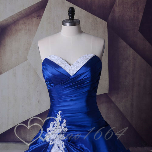 Royal Blue White Satin Ball Gown Wedding Dresses Lace Applique Long Train