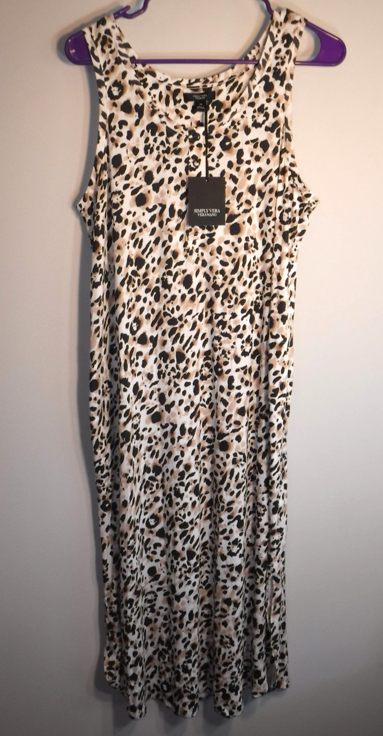 Simply Vera Wang Leopard Print Sleeveless Long Nightgown Chemise Pockets Sz M