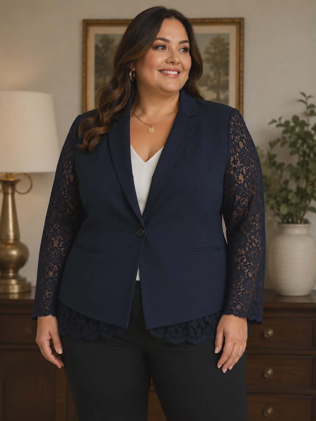 Lane Bryant The Bryant Blazer Womens Size 24 Navy Lace Sleeve Career Jacket…