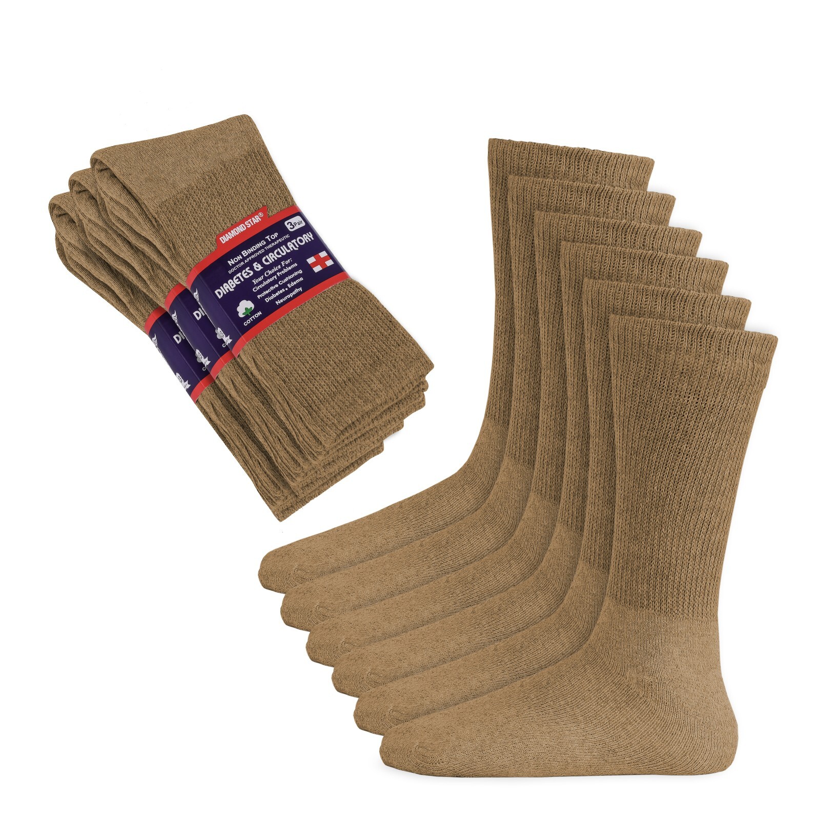 6Pairs Beige Diabetic Cotton Crew Socks Health Circulatory Size9-11 10-13 13-15