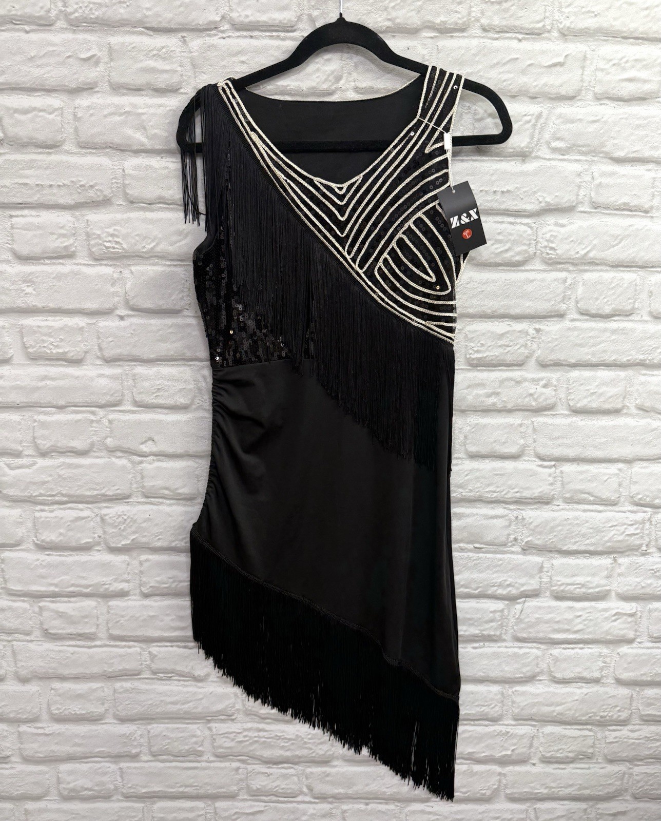 Woman Black Flapper Dress Sequin Fringe Roaring 20s Latin Dance Costume Party L