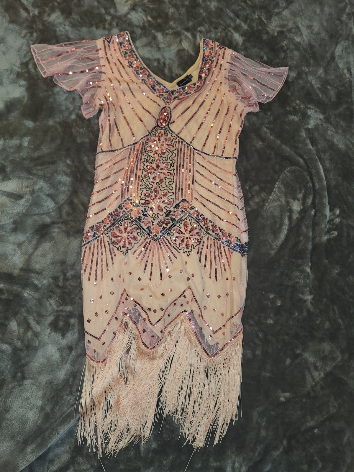 FUNDAISY XL Beige Sheath Dress V-Neck Knee Sequin Beaded Fringe 20s