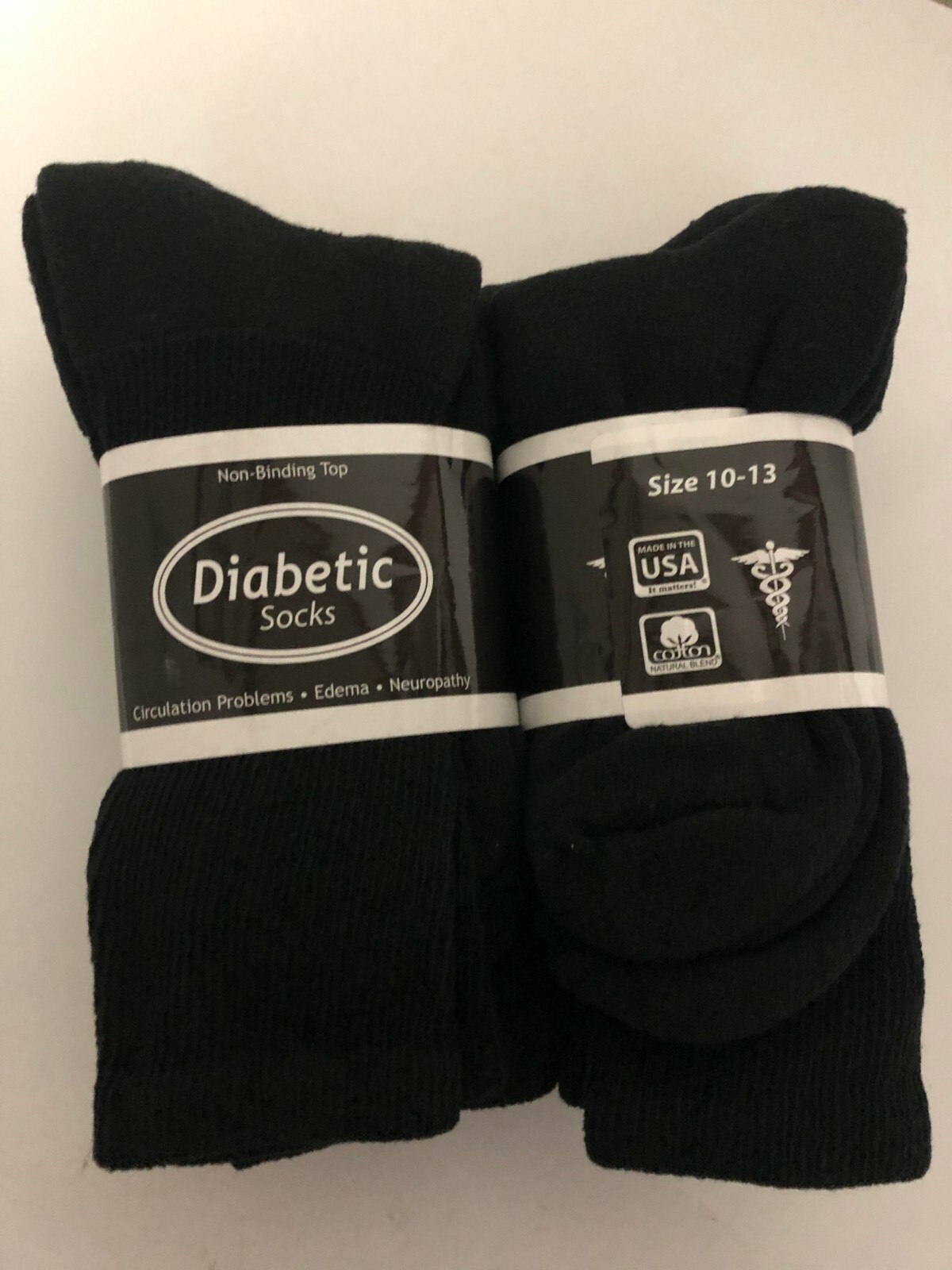 *** 6 Pair Black Diabetic Crew Socks MADE IN USA 10-13 ***