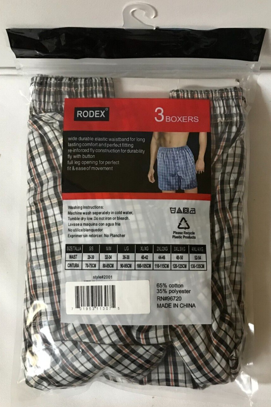 NEW RODEX Men’s 3 Pack Boxers Pack American Fit 65% Cotton Size Small (28-30)