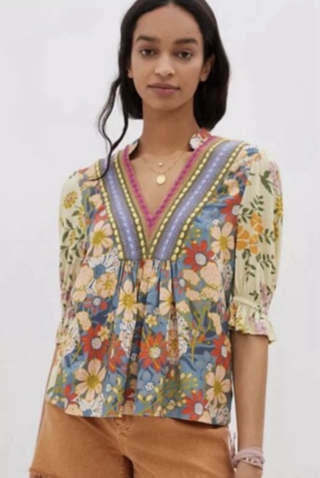 BL^NK ANTHROPOLOGIE Stephanie Blue Pattern Floral Boho Top NWT Sz XXS GORGEOUS!