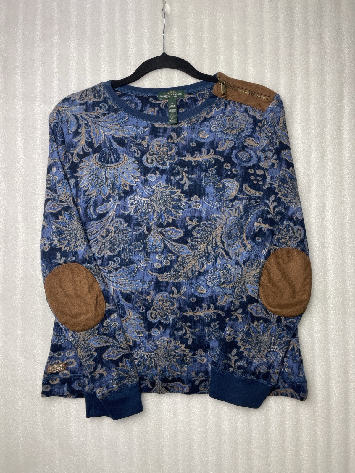 Ralph Lauren LRL Country Floral Blue Brown Suede Elbow Patch XL Shirt Excellent