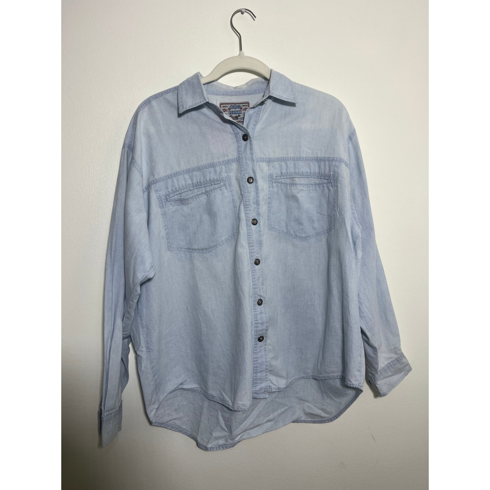 Vintage PS Gitano Light Wash Denim Button Down Shirt Cotton Blue 90s