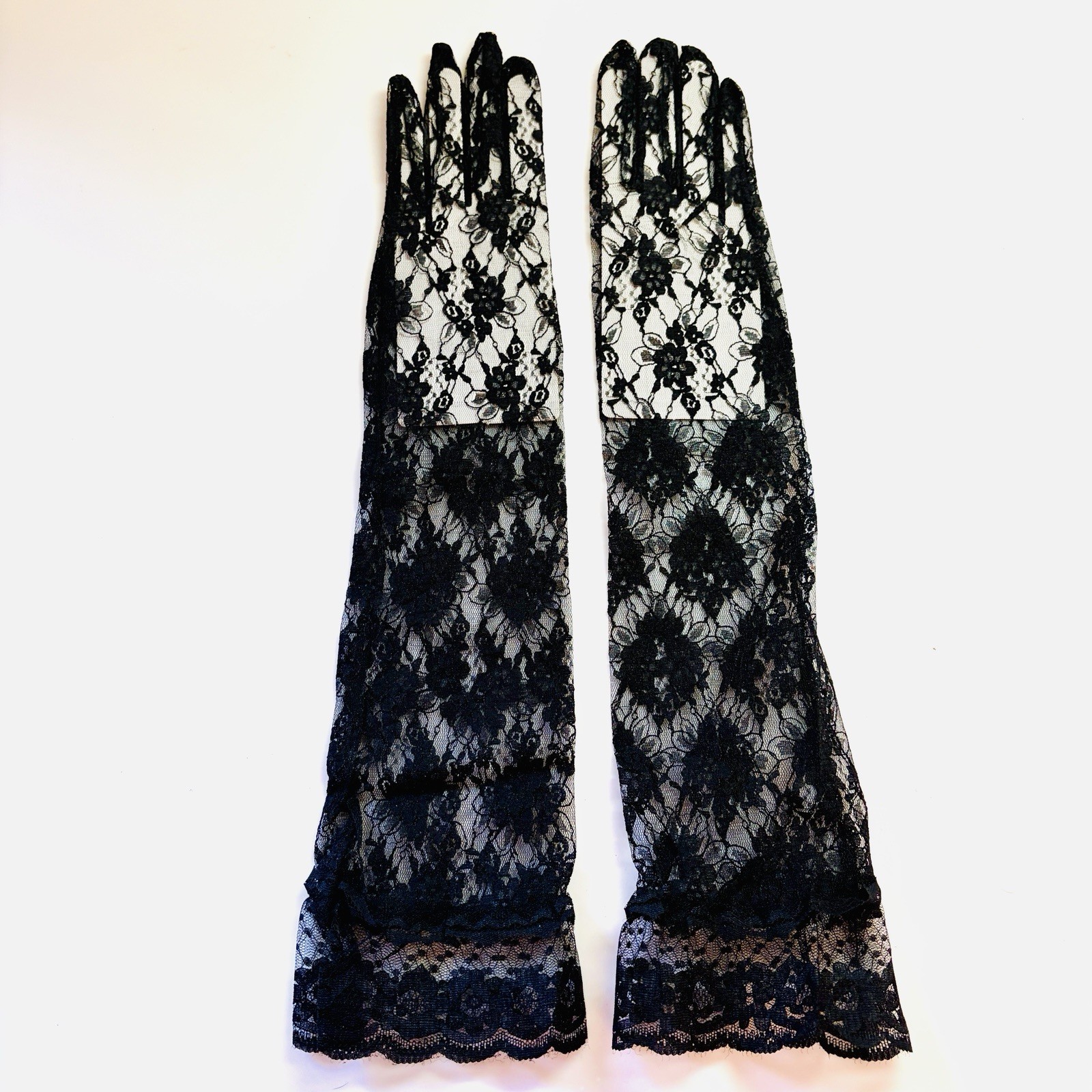 Vtg New Black Lace Gloves Ruffle Wrist Opera Sheer Evening Party Costume Goth