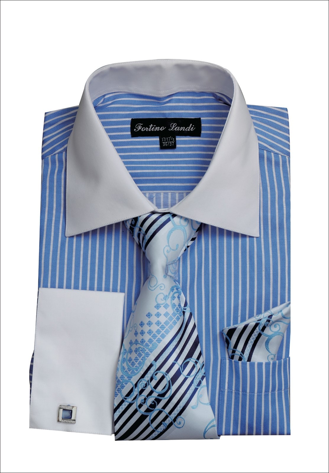 Men’s Striped Fashion French cuff Dress shirt with Tie & Hanky FL631