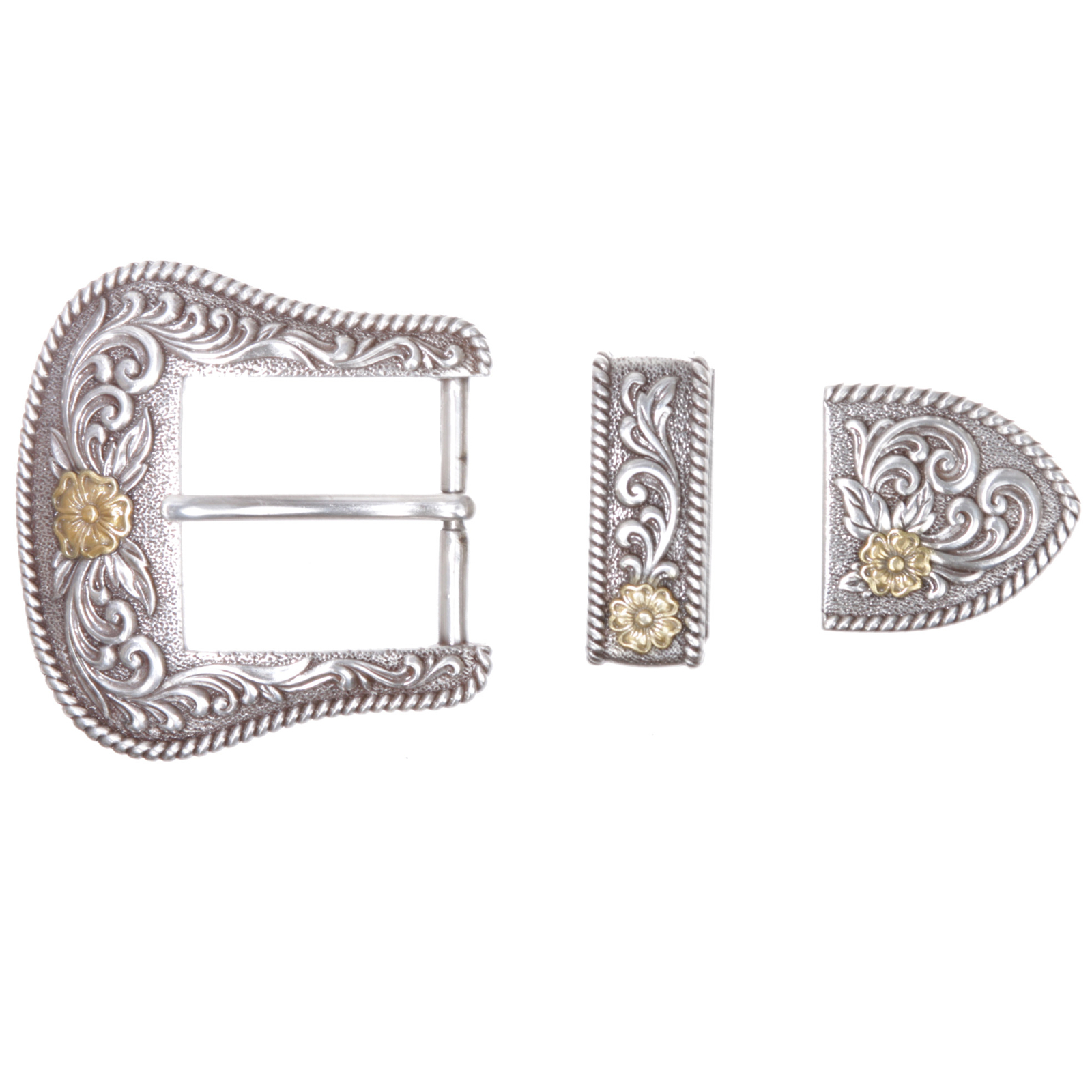 1 1/2″-3.8cm Western 3-Piece Silver/Gold Two-Tone Floral Belt Buckle Set