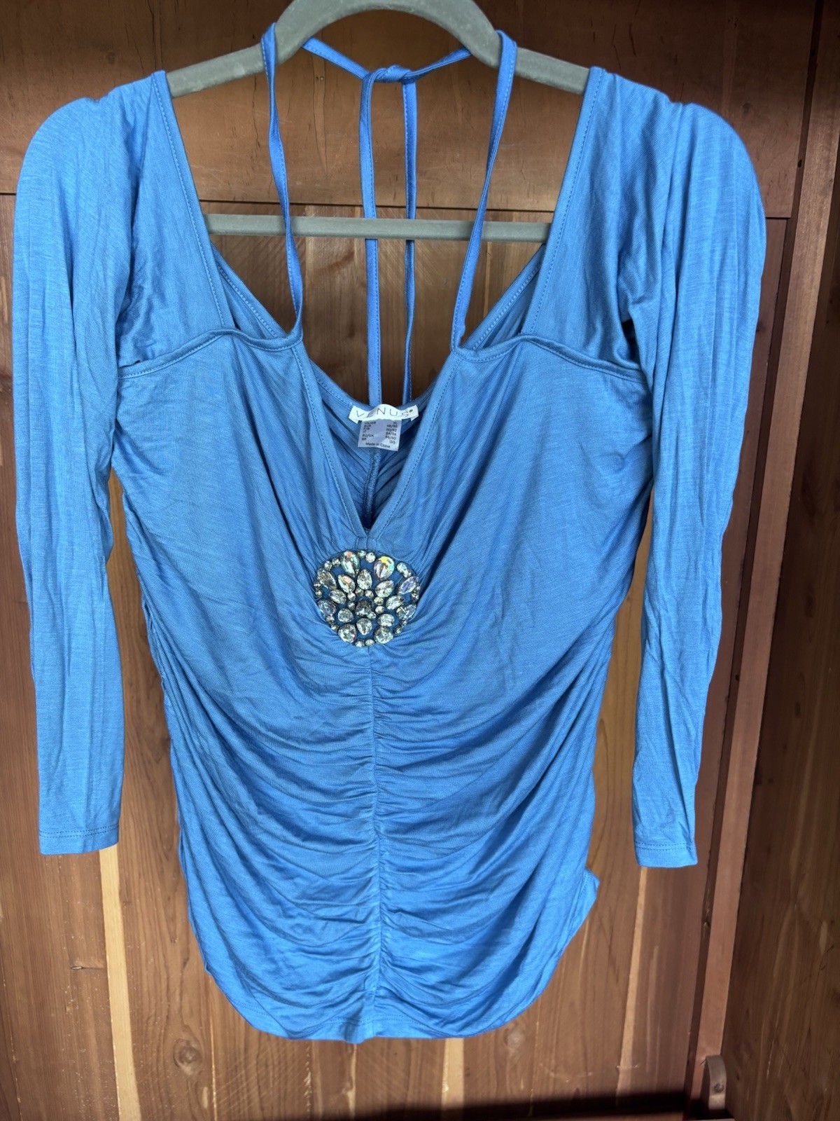 Venus Embellished Off Shoulder Ruched Top With Neck Tie Blue XL