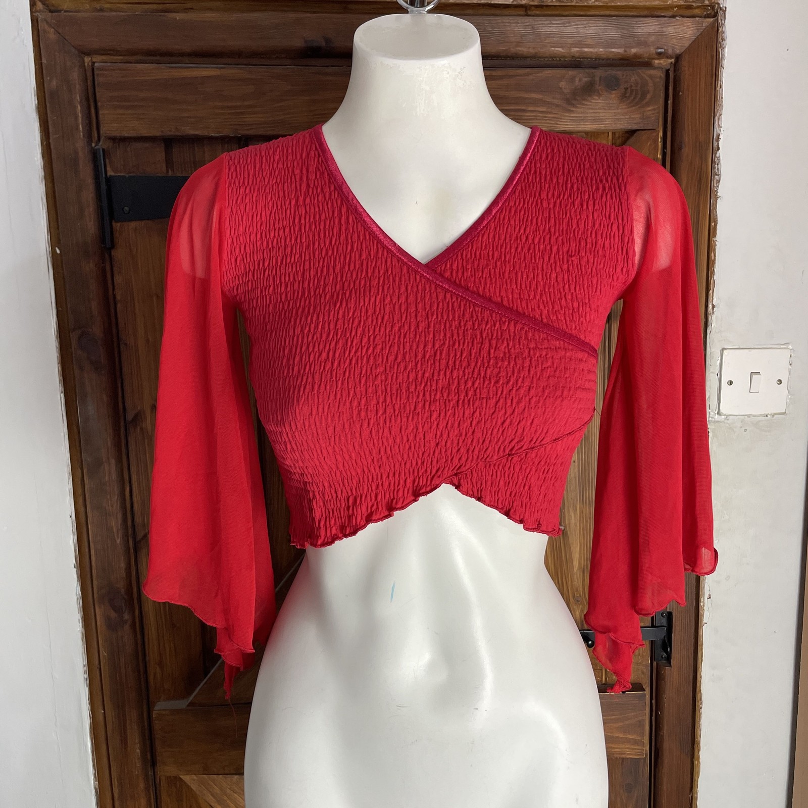 Mission Y2K Red Shirred Sheer Flare 3/4 Sleeve Wrap Crop Top Size XS