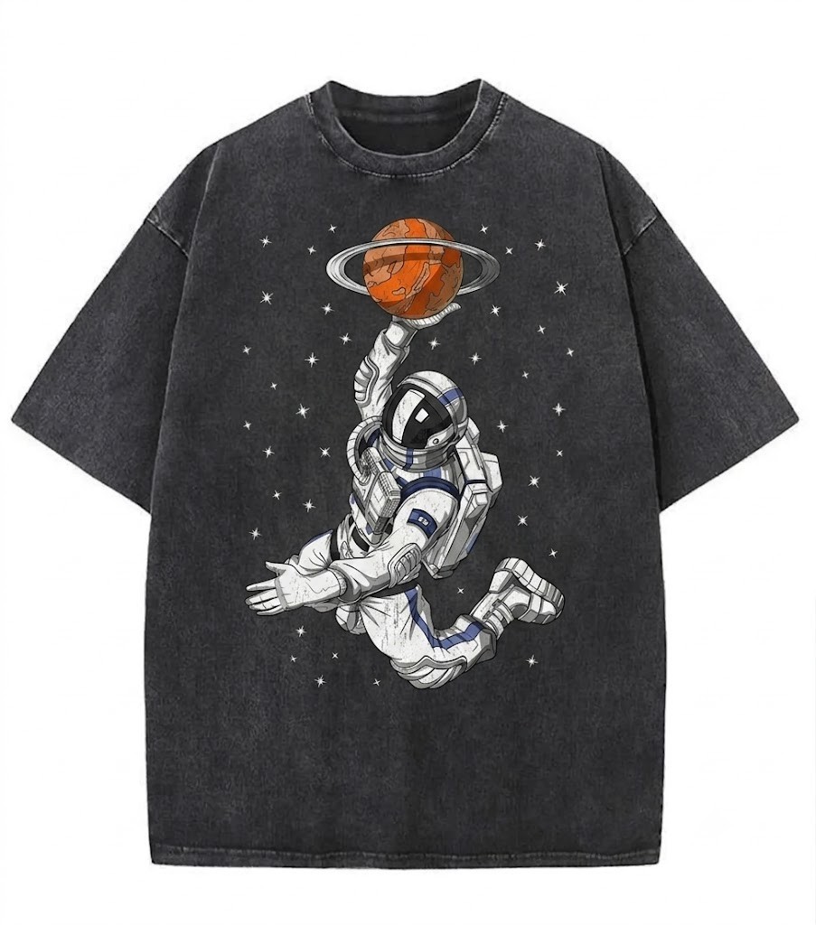 Astronaut Dunking Saturn T Shirt Vintage Washed Oversized Space Graphic Tee Men