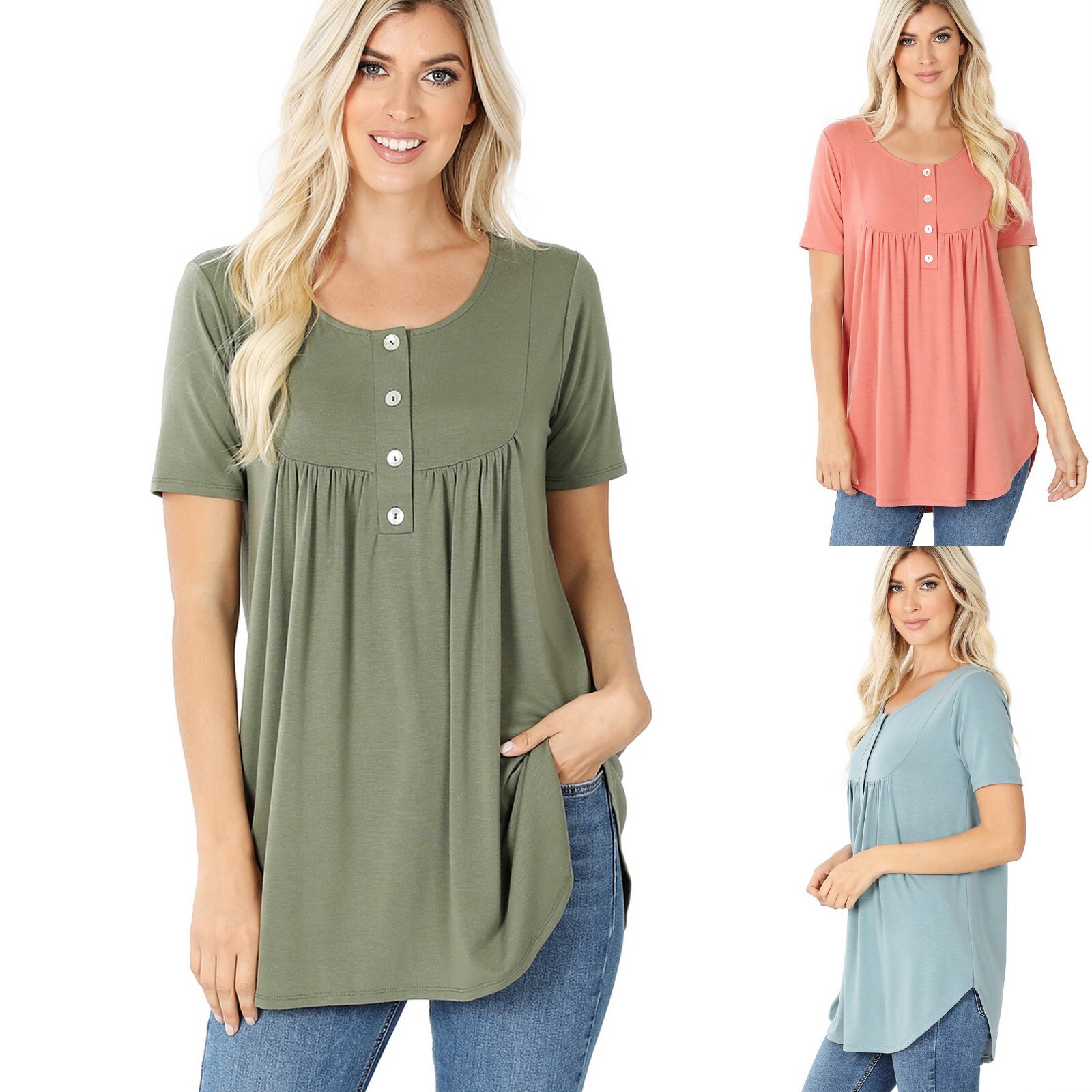 Henley Round Neck Buttons Yoke Shirring Short Sleeve Rayon Top Blouse T Shirt