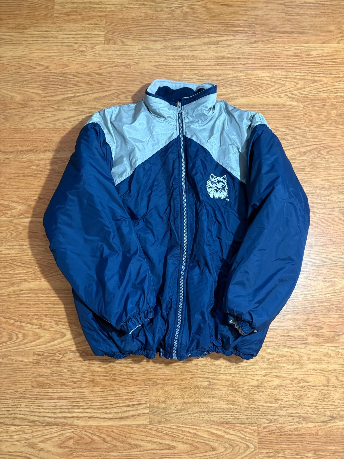 Vintage UConn Huskies Puffer Jacket Mens XL Blue Embroidered NCAA Fleece Lined