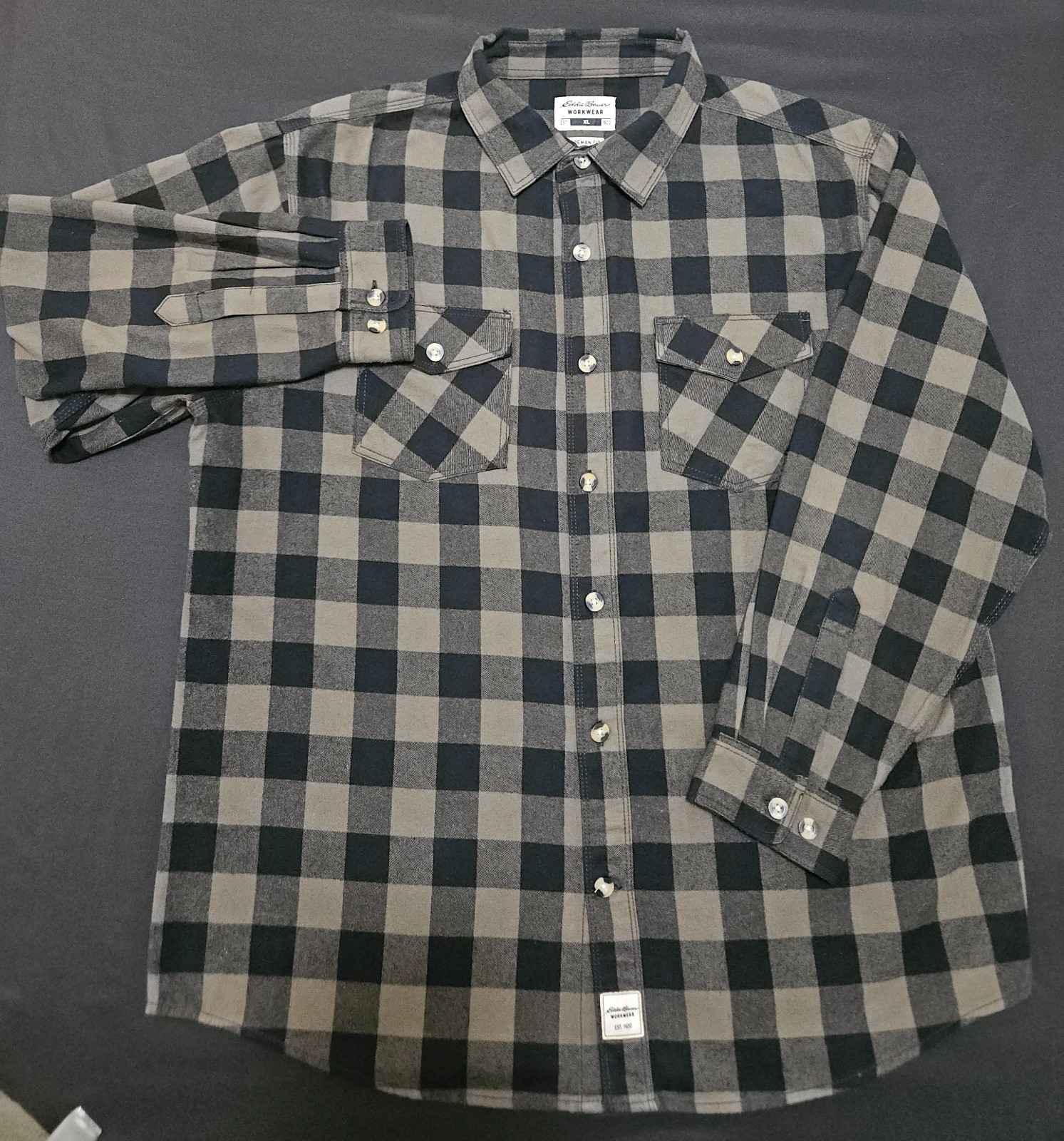 GENUINE EDDIE BAUER XL FLANNEL BROWN BLACK BUFFALO PLAID WORKWEAR FOREMAN FIT PO