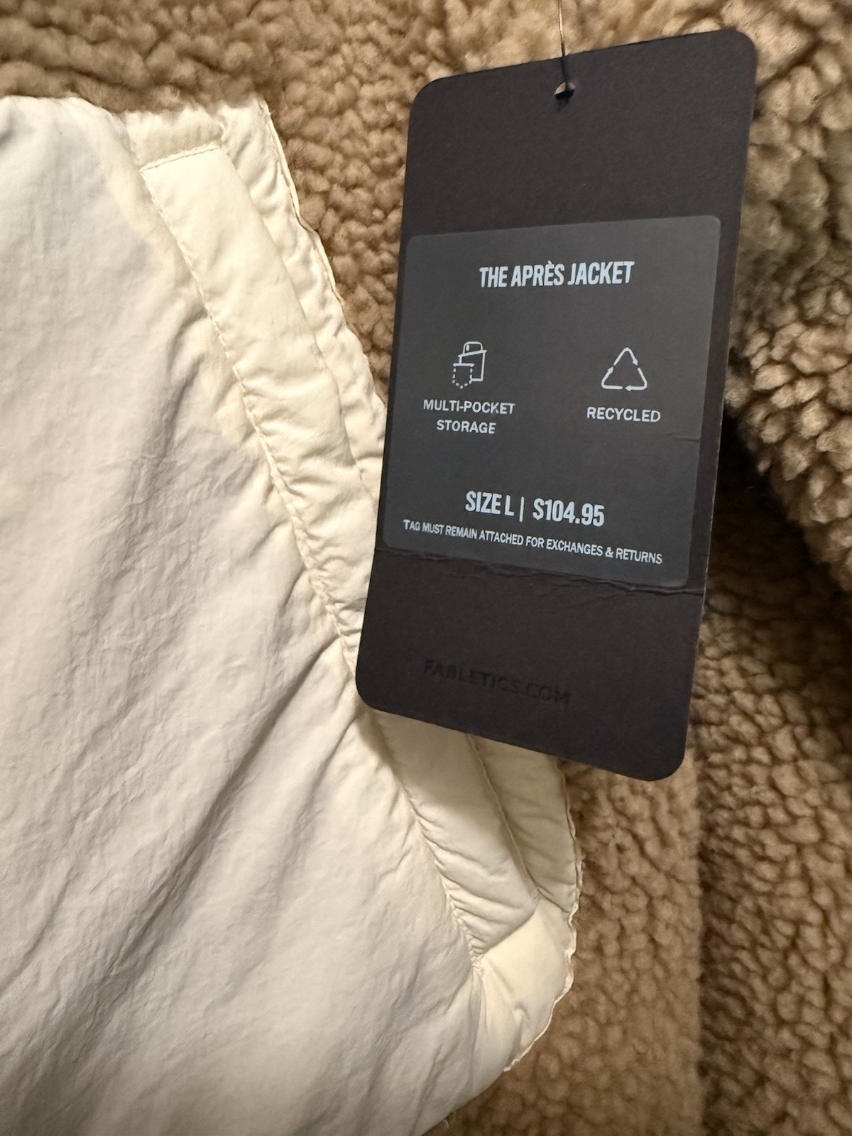 Fabletics Apres Men’s Zip-Up Sherpa Jacket in Taupe with Contrast Pockets size L