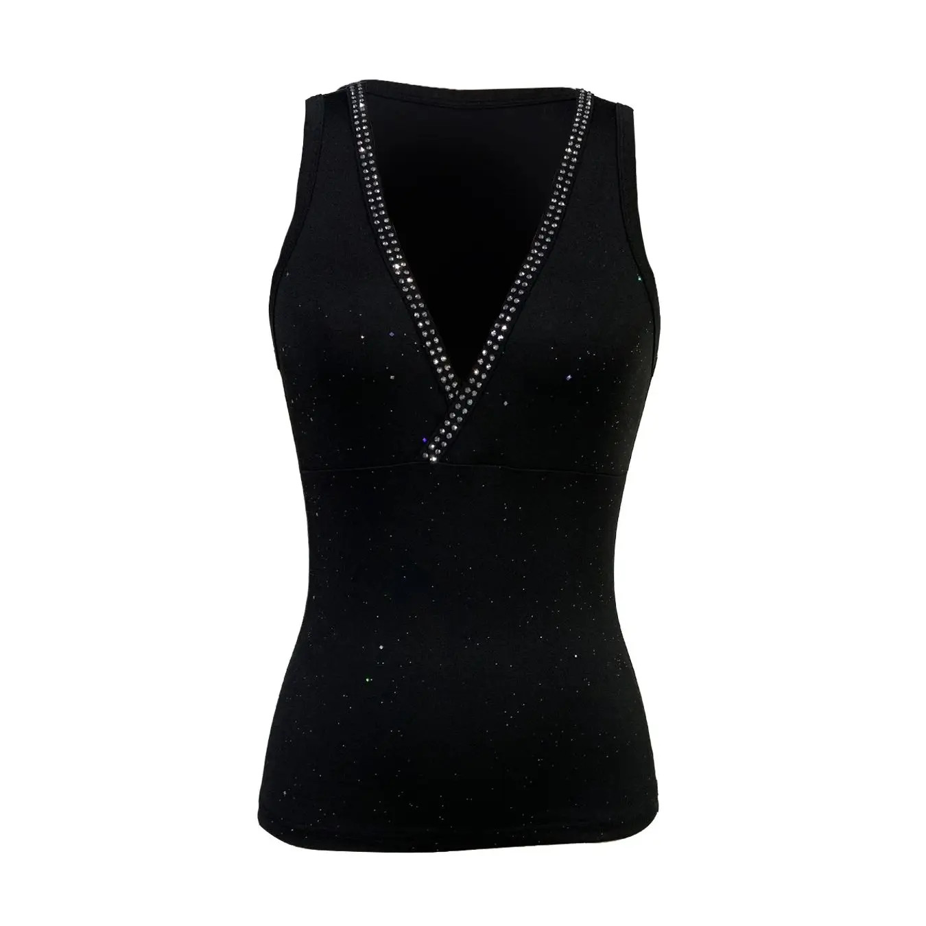 Women’s Fashion Tank Top Spring Summer Solid Black Top Glitter Rhinestone Trim D