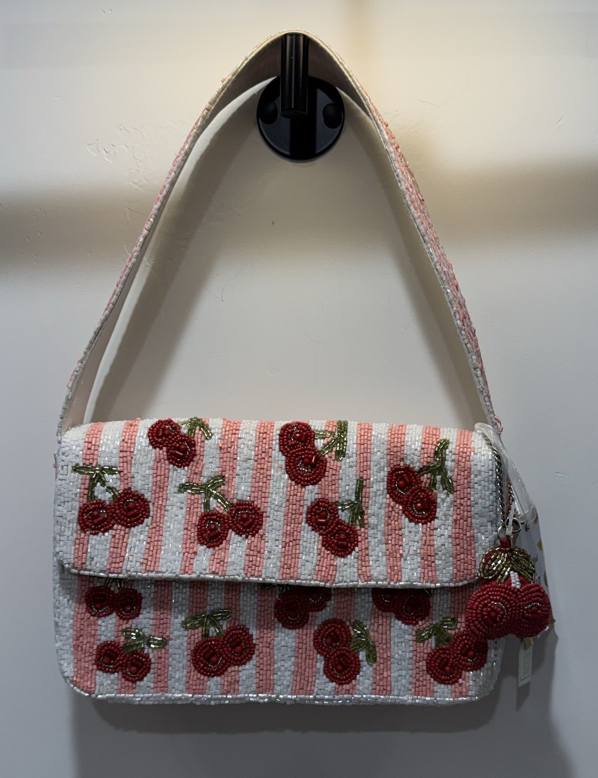 Beaded Striped Cherry Motif Shoulder Bag Purse w/ Charm, Lined Magnetic