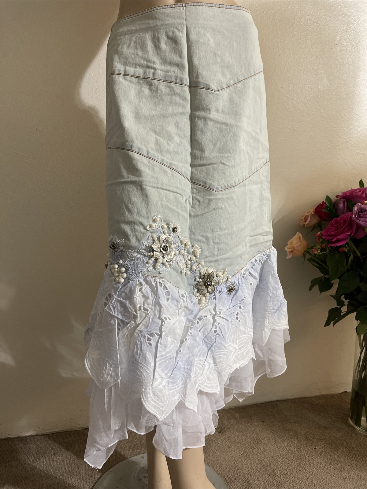 Light Blue Denim Cotton Beaded zipper Embroidered Size S(4-6) maxi Skirt 730