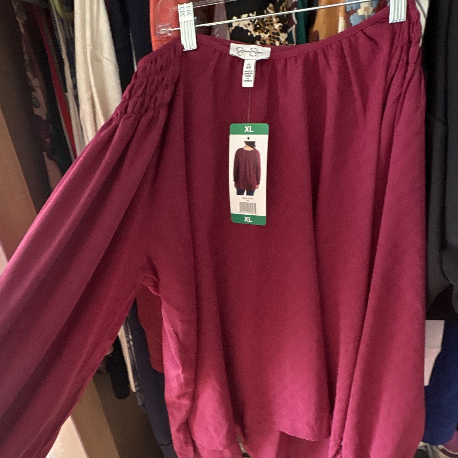 Jessica Simpson Women’s Burgundy Chiffon Smocked Round Neck Peasant Blouse XL