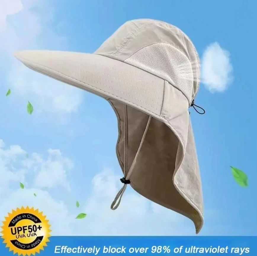 1pc Wide Brim Sun Hat with Neck Flap 50+ UPF Protection Outdoor Safari Cap – NEW