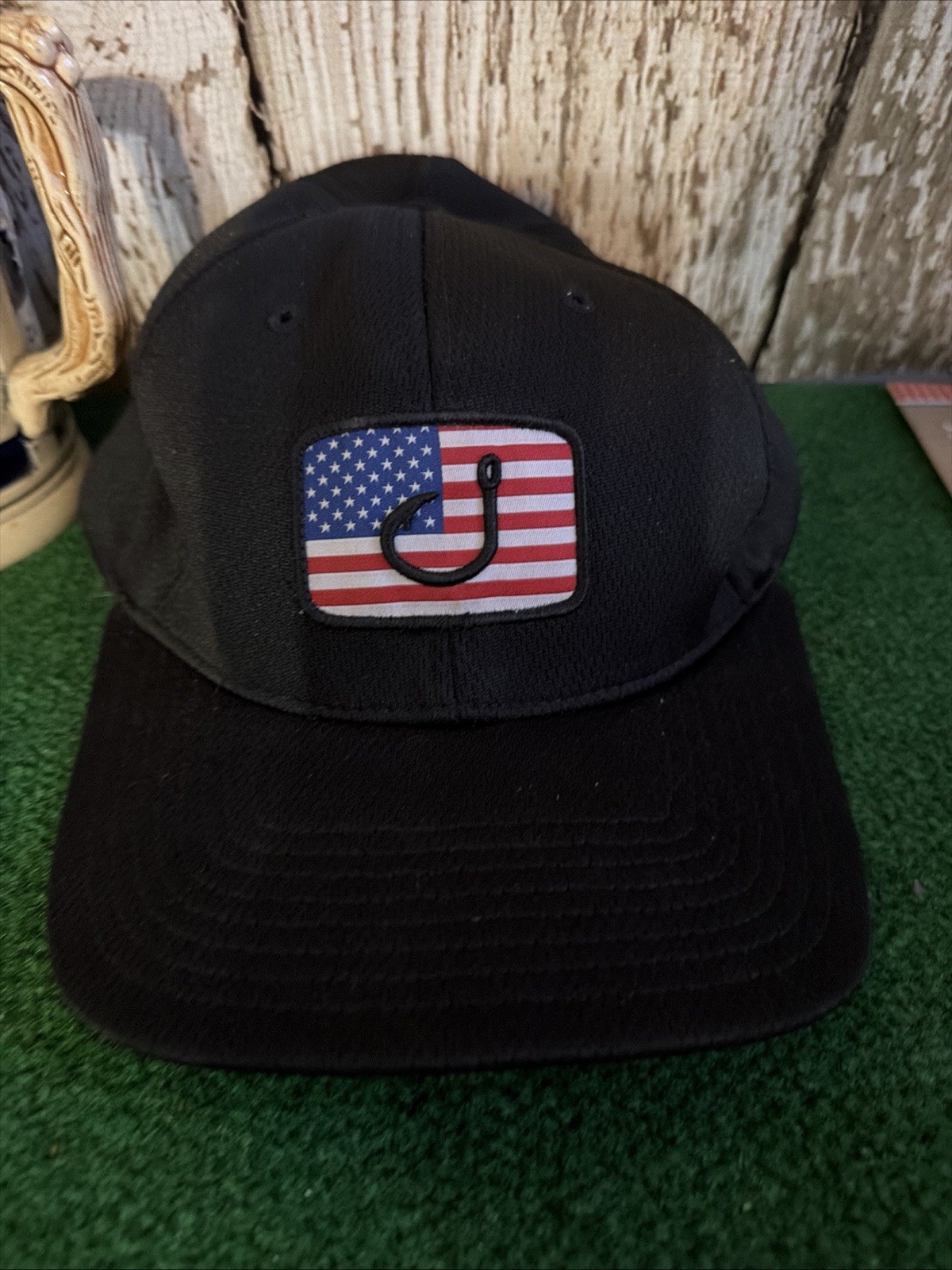 Avid Men’s Black Merica Patriotic Fishing Hook Snapback Hat Cap OSFA