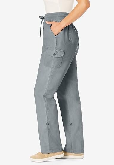 Woman Within Convertible 2 in 1 Cargo Pant & Capri Elastic Waist 100% Cotton