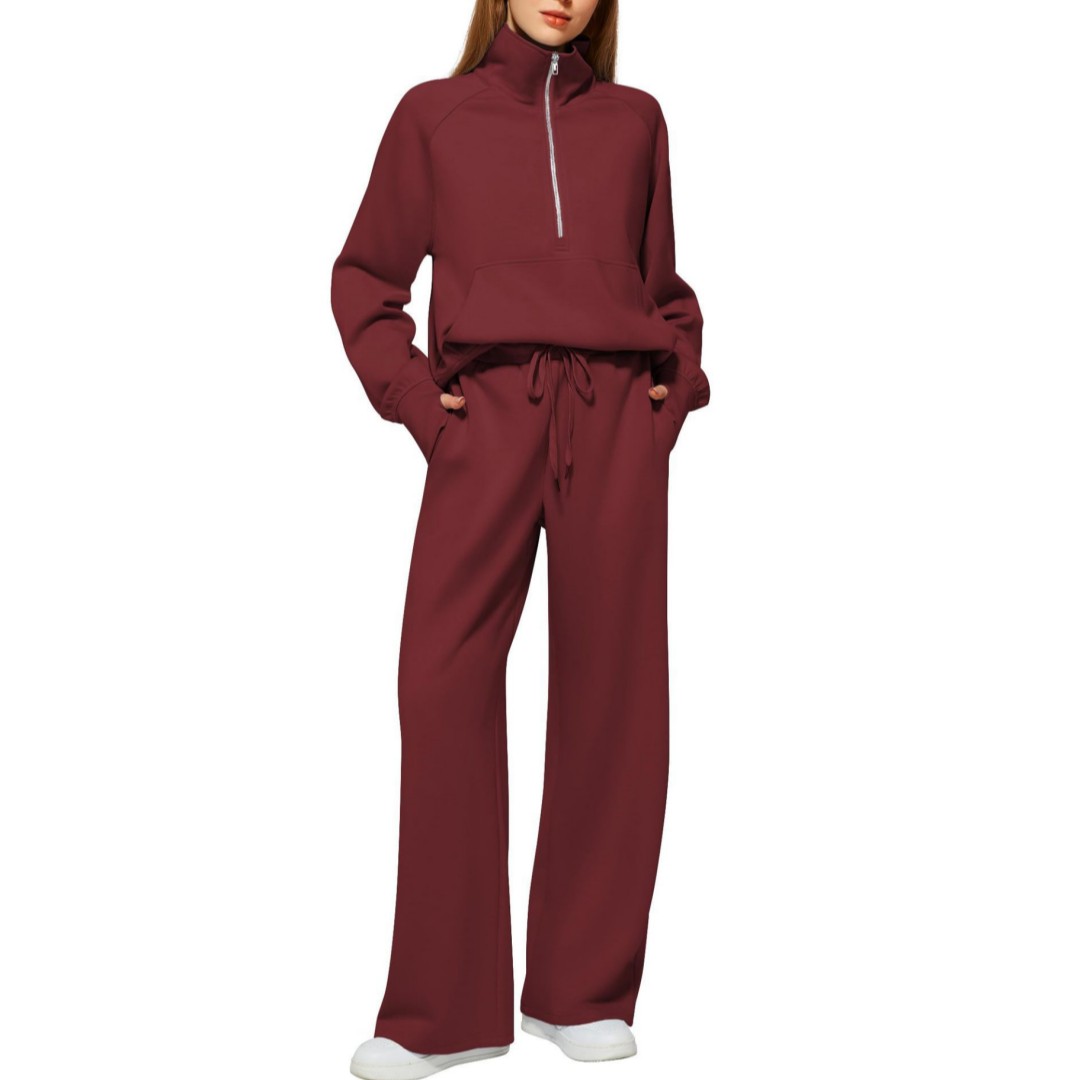 Woman Solid Color Half Zip Long Sleeve Sweatshirt And Wide Leg Pants Set Casual