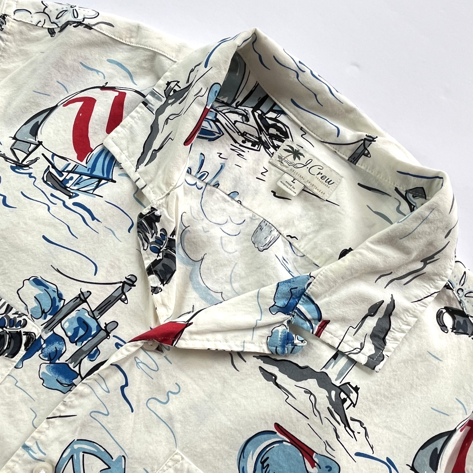 Vintage J.Crew Original Sportswear Nautical Camp Shirt Mens L Made in Madagascar