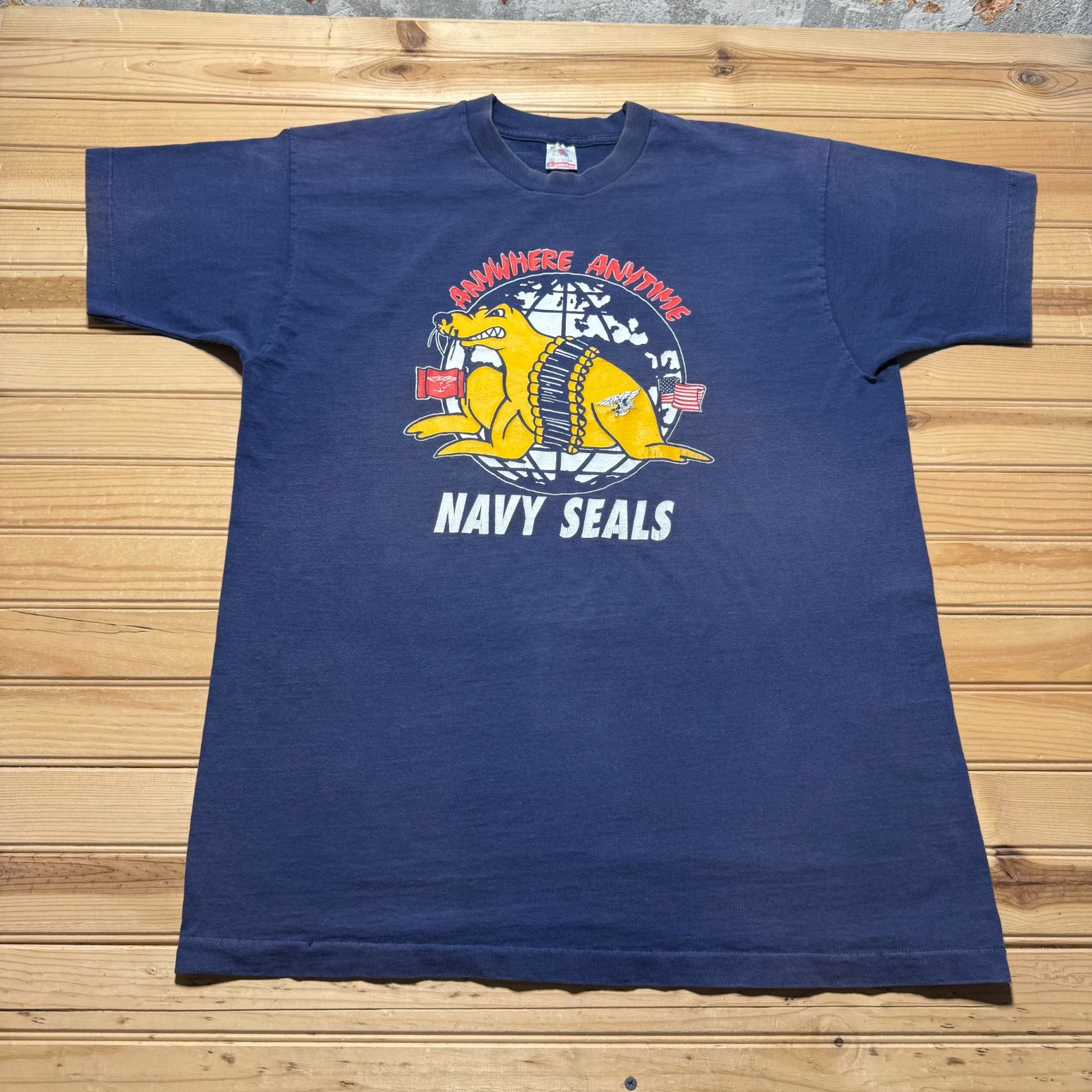 Vintage 90s Navy Seals Anywhere Anytime American Flag Cartoon T-Shirt USA – XL