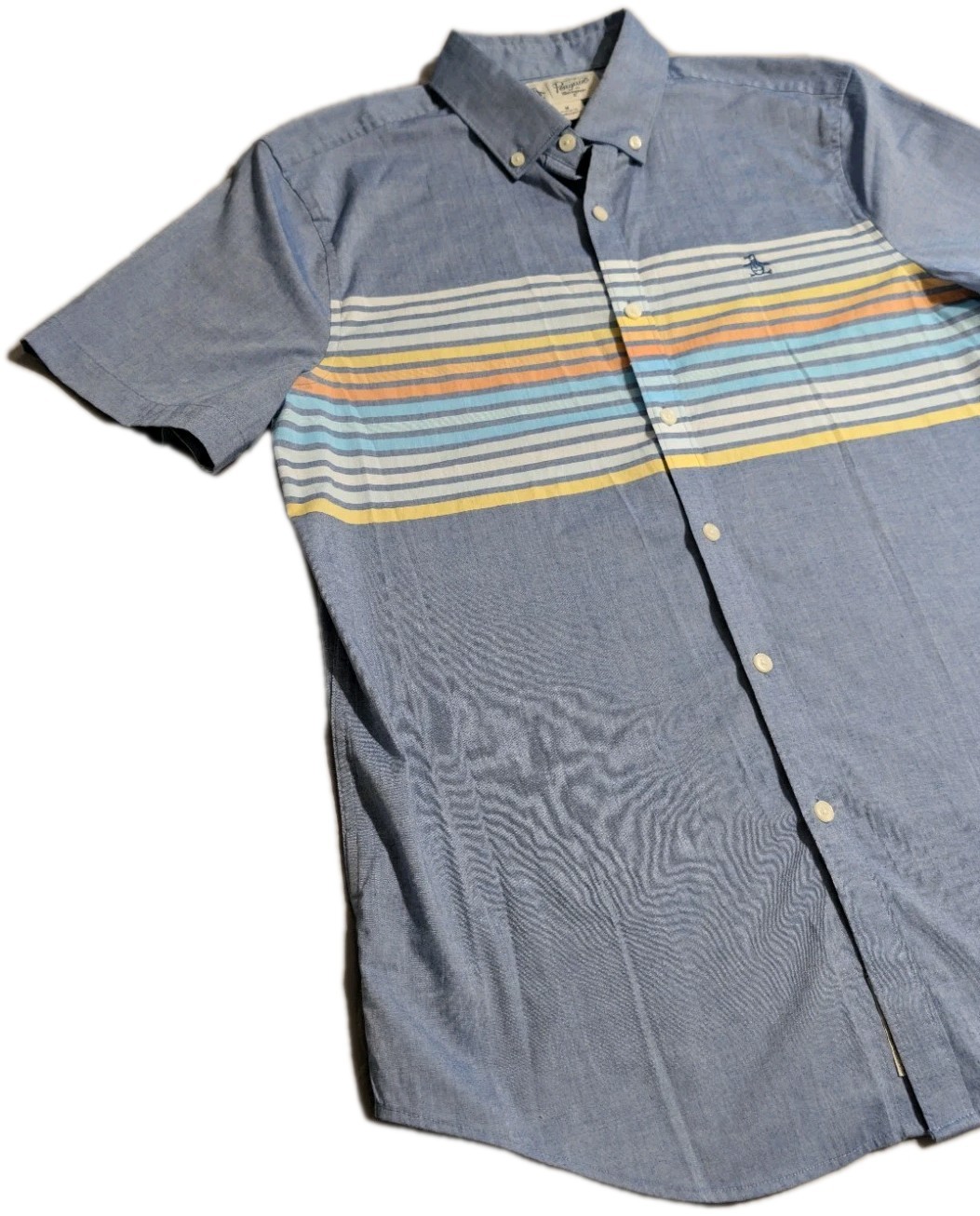 Original Penguin Button Front Shirt Men’s M Blue Striped Short Sleeve Stretch