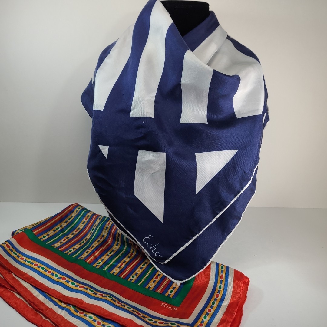 2 ECHO Scarves Striped Blue White Geometric Red Green Blue Yellow 25″ Square