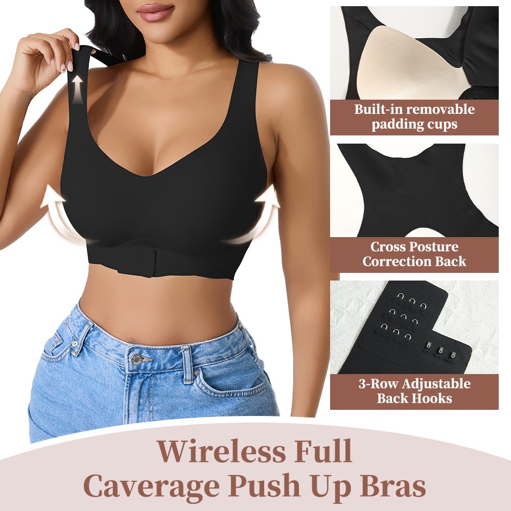 Posture Correction Wireless Bra Cross Back 3 Hook Adjustable Push Up Sports Top