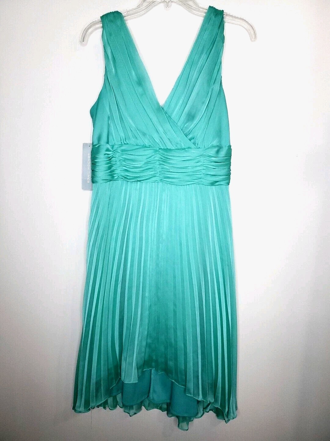 London Times Womens Sleeveless Dress Teal Aqua Pleated V Neck Hi Low SZ 12 Mid