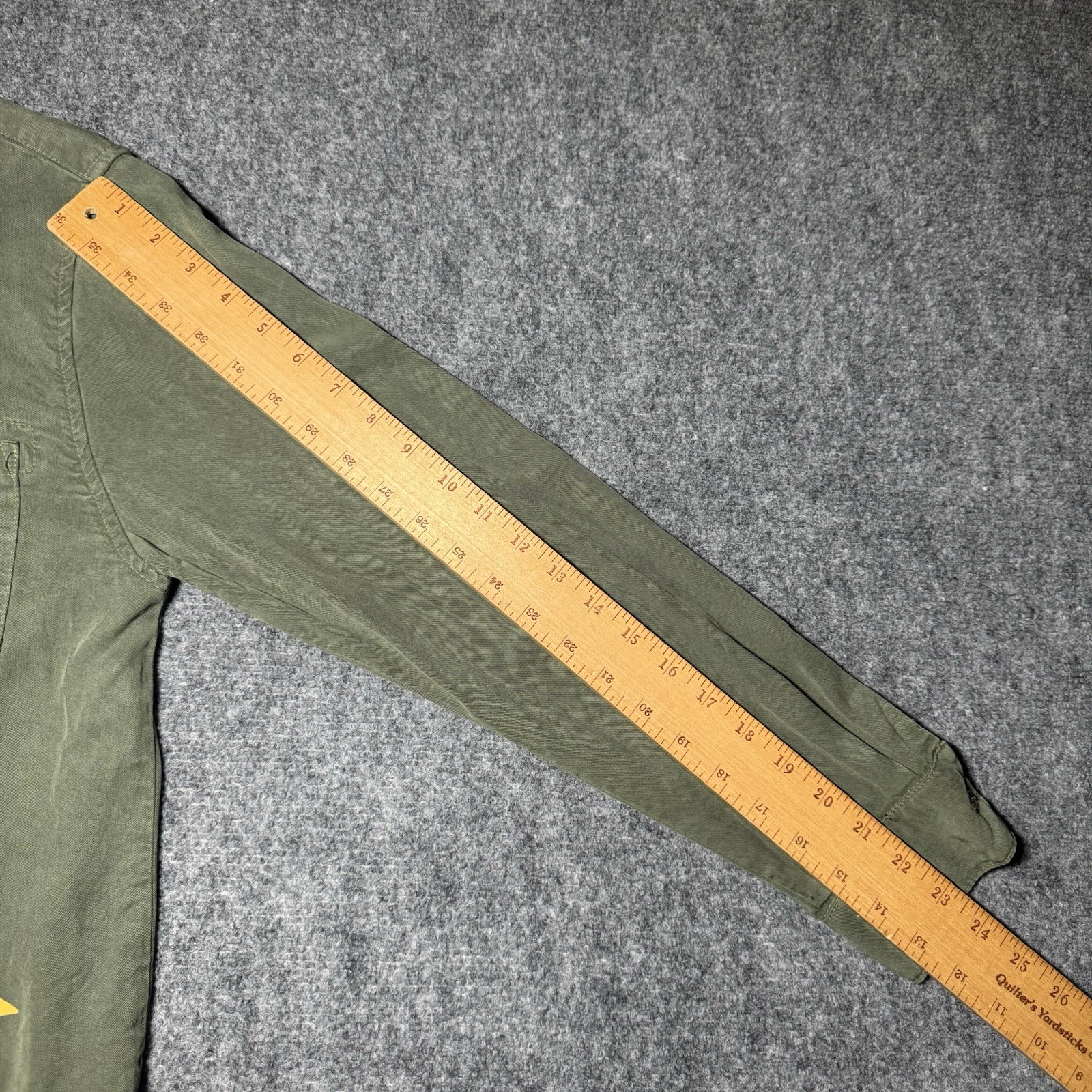 Lauren Moshi Military Green Button Up Shirt Eye Peace Smile Frayed Long Sleeve S