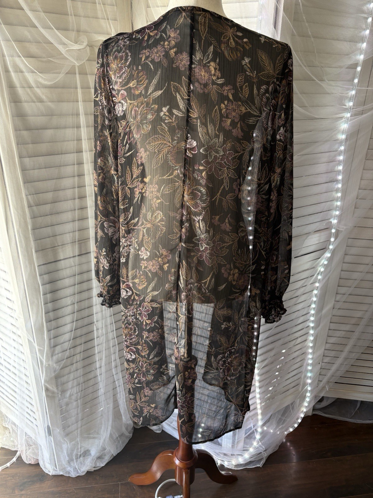 maurices Sheer Floral Open-Front Kimono Black Multicolor Long Sleeve Chiffon M