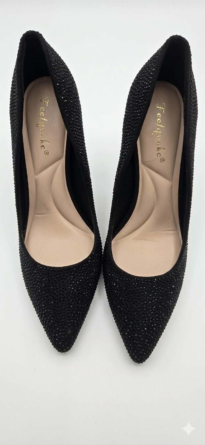 Feelgmate Women’s Black Faux Suede Rhinestone Pointed Toe Slip-On Pumps 7