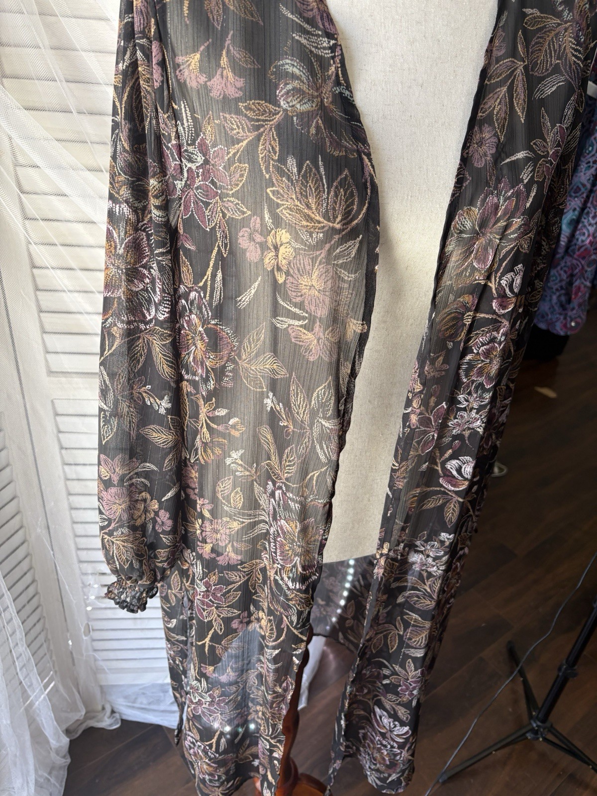 maurices Sheer Floral Open-Front Kimono Black Multicolor Long Sleeve Chiffon M