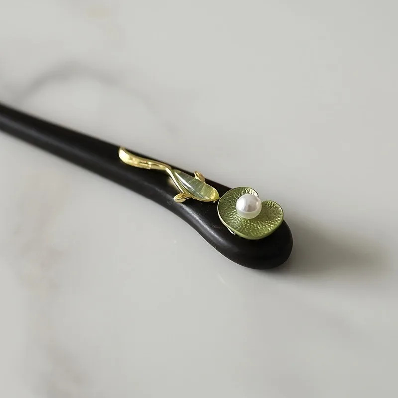 1pc Chinese Style Hair Stick: Black Wood with Gold, Green & Pearl Accents, Intri